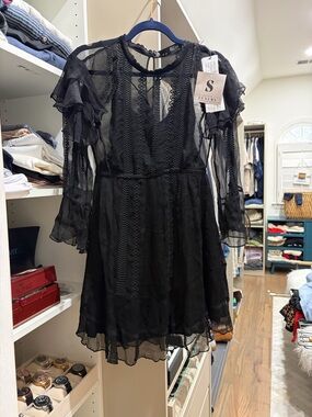 Iro Black Sheer Ruffle-Sleeve Dress